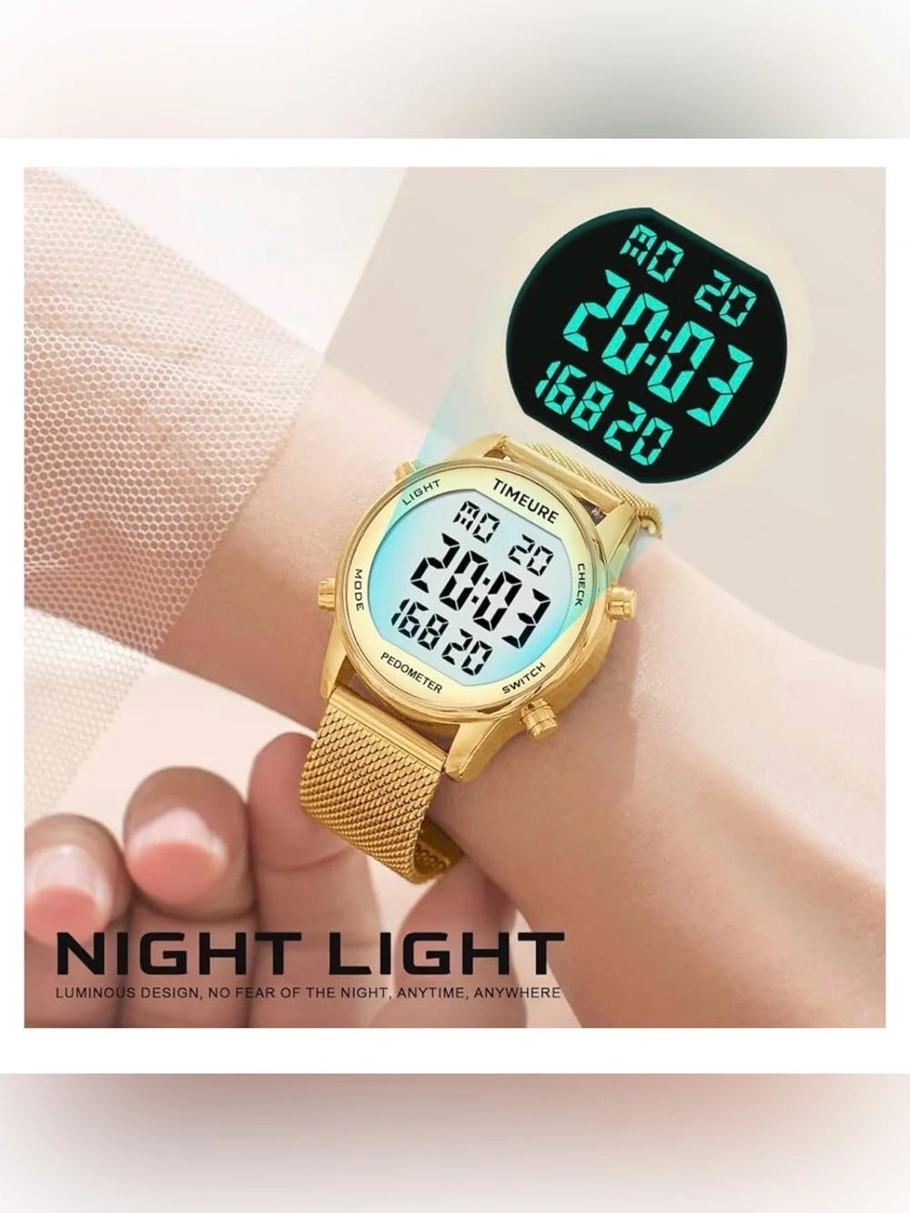 TIMEURE Digital Pedometer Watch Gold Mesh Band. Waterproof Step Counter Fitness